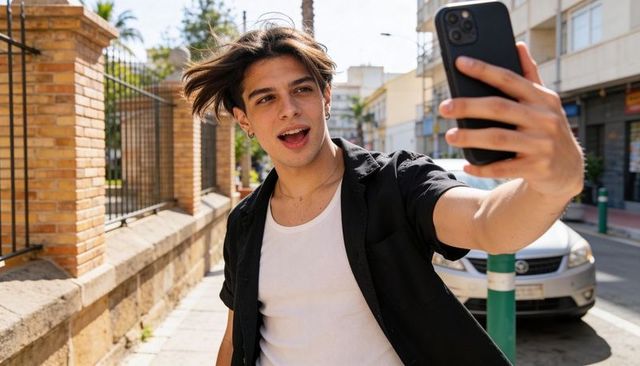 Young man taking selfie on sunny urban sidewalk with smartphone and casual outfit