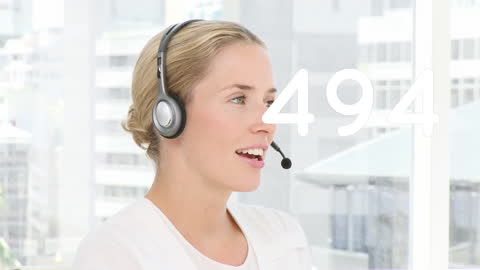 Businesswoman Using Headset with Digital Overlay