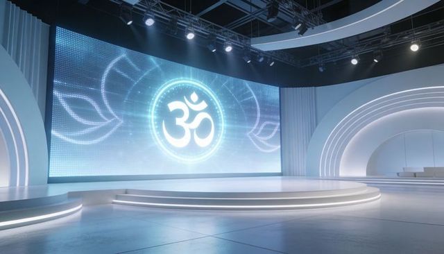 Futuristic led stage featuring glowing om symbol on curved backdrop for spiritual events