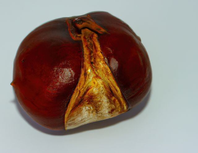 Detailed close-up of a large red chestnut with an open shell on a white background. Highlighting texture and color variations of the chestnut. Ideal for use in articles about autumn, healthy eating, botanical studies, and nature photography.