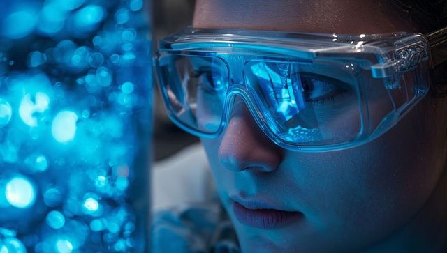 Researcher examining luminescent blue solution in laboratory wearing protective goggles