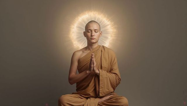Serene Meditation of Buddhist Monk in Aura of Spiritual Light