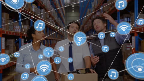 Technologically Advanced Warehouse Team Collaborating Surrounded by Digital Network Icons