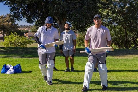 Multiracial men practicing cricket with bats and pads on sunny park field, team training