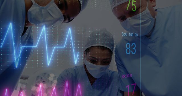 Medical professionals in surgical masks and gowns closely examining data on a digital medical monitor during surgery. Vital signs graph overlays indicate close attention to patient's statistics. This image can be used for themes related to healthcare, surgery, teamwork in medical practice, or advancements in medical technology.