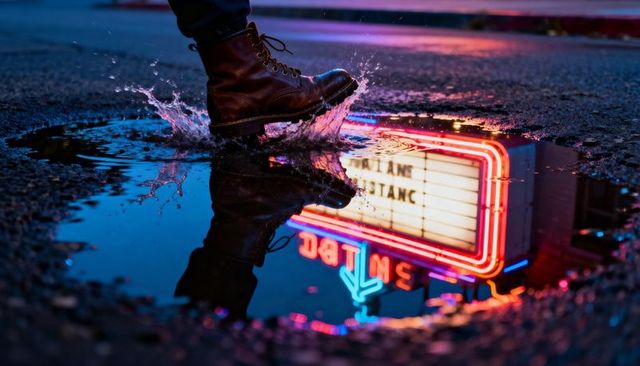 Leather boot stepping through neon puddle on wet asphalt at night, splashing reflection