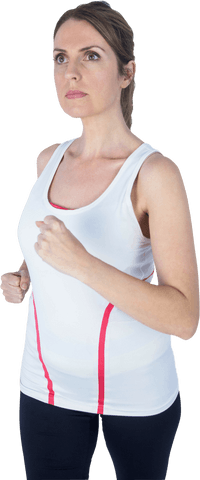 Determined woman jogging wearing transparent white sportswear