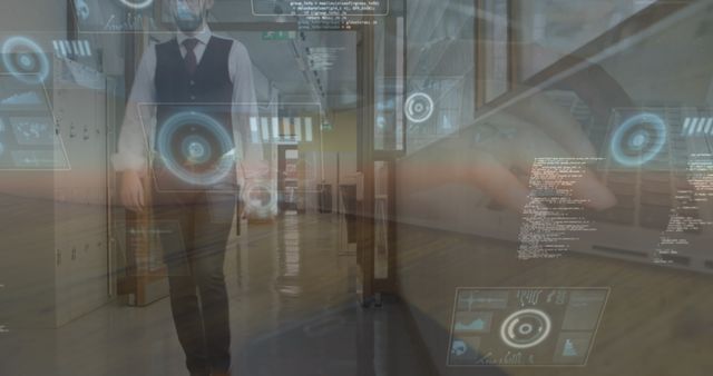 Futuristic business technology interface is overlaying on an office hallway. Holographic displays show various information and data visualizations, symbolizing innovation and digital workspace. Ideal for use in technology presentations, business innovation features, mixed reality projects, and showcasing modern office environments.