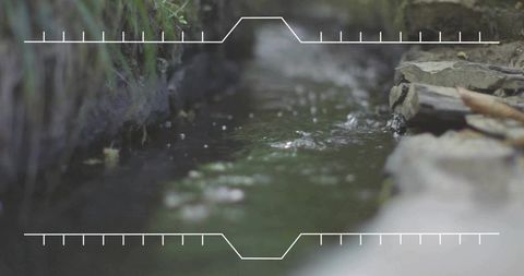 Shallow garden stream with mossy banks, stacked stone edge and ripples bokeh hud overlay