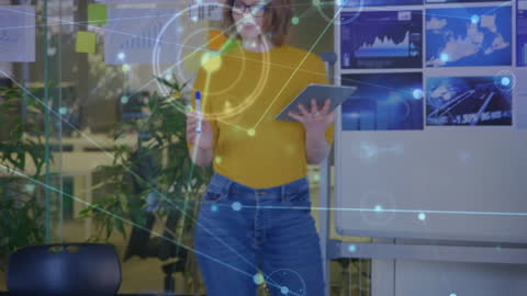 Female Analyst Using Tablet with Digital Network on Display