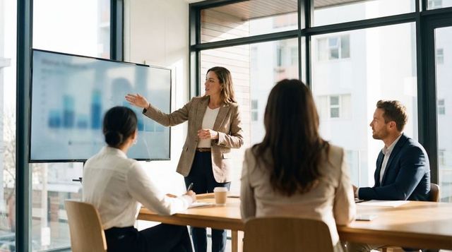 Businesswoman presenting strategy to executives in modern glass-walled conference room