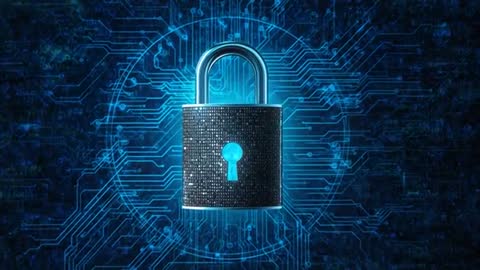 Pulsing Digital Padlock Activating with Blue Keyhole Glow and Circuit Halo