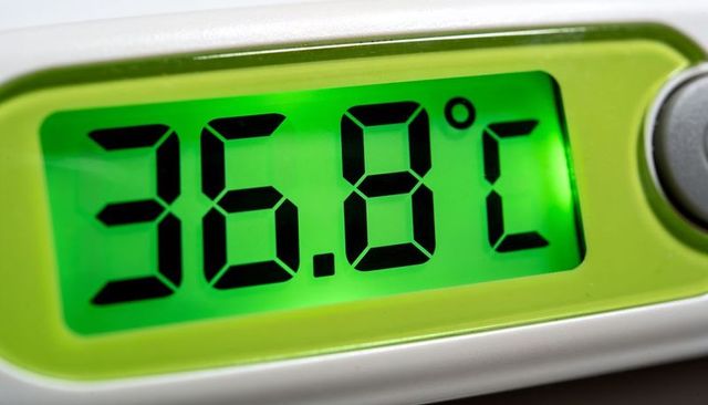 Displaying digital thermometer reading 36.8°c with lime-green bezel and silver button