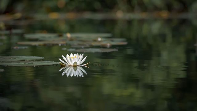 Floating white water lily creating perfect mirror reflection on calm garden pond