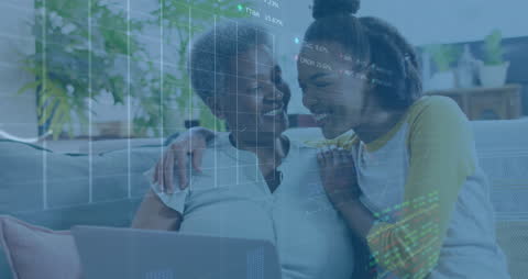 Mother and Daughter Engaging with Stock Market Data Overlay