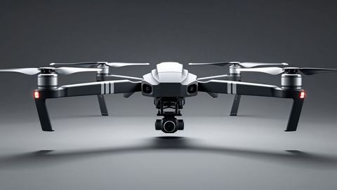 Foldable quadcopter drone hovering skilfully in minimalistic setting, streamline design