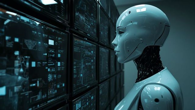 Glossy humanoid android monitoring ai dashboards in futuristic control center for analytics