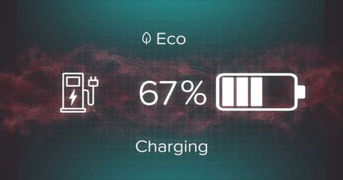 Ev charging dashboard showing 67% battery with eco indicator and futuristic teal interface