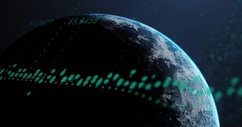 Orbiting earth with holographic telemetry overlay, teal data stream, atmospheric glow