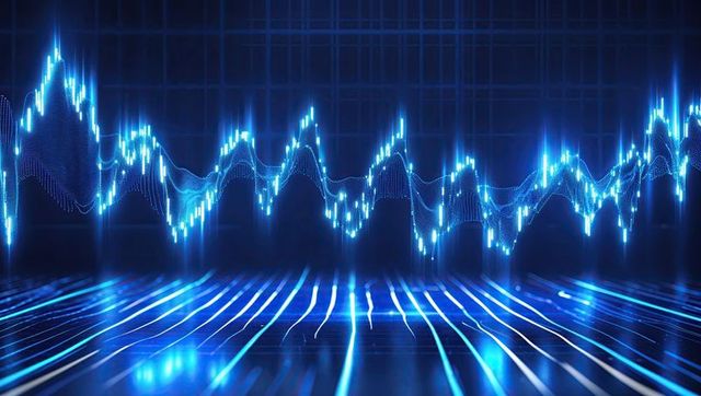 Futuristic digital waveform in neon light grid space