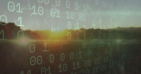 Sunset Landscape Fused with Binary Code Reflection Symbolizing Futurism