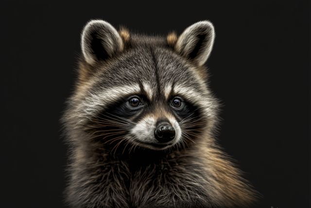 Portrait of cute raccoon on black background, created using generative ai technology. Portrait and animals concept, digitally generated image.