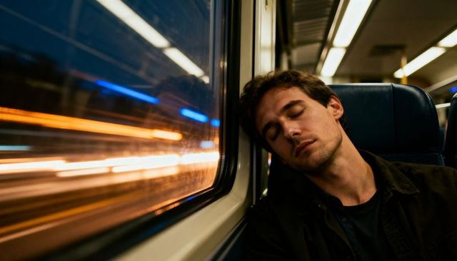 Dozing man leaning against train window at night with motion light streaks and reflections