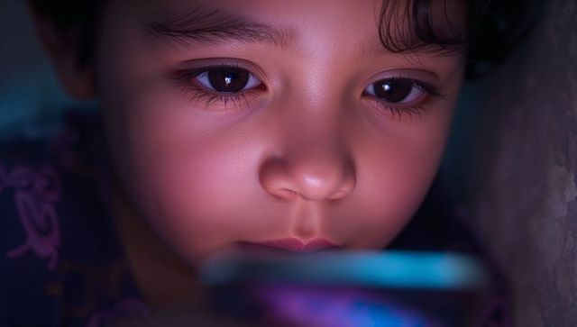 Curious Child Staring at Device Screen in Cozy Ambient Light