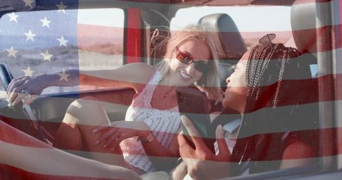 Happy Diverse Women in Car with USA Flag Overlay