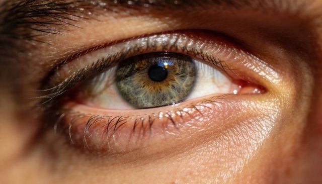 Macro study of hazel eye revealing corneal highlight, pupil detail and skin texture