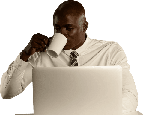 Transparent Background Black Businessman Drinking Coffee at Laptop