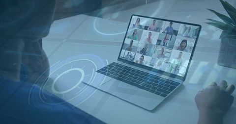 Remote team video conference with futuristic hud interface for virtual collaboration