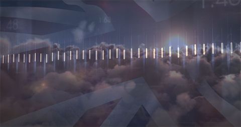 Digital data over clouds with uk flag and sun glare