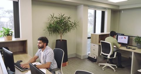 Modern office with colleagues and greenery enhancing productivity