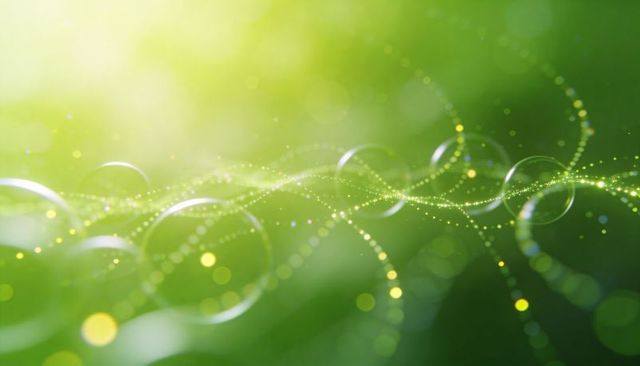 Glowing green filaments weaving with translucent bubbles, bokeh light and organic flow