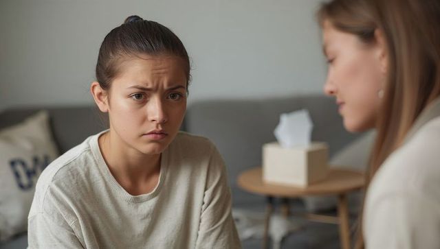 Teen girl looking worried during emotional counseling conversation with supportive adult woman