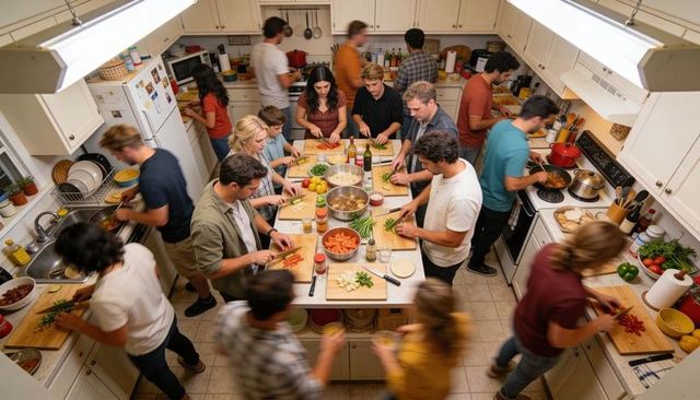 Friends cooking together around busy kitchen island preparing communal meal for many