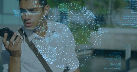 Young Man Using Smartphone with Digital Data Overlay Representing Mobile Connectivity Concept