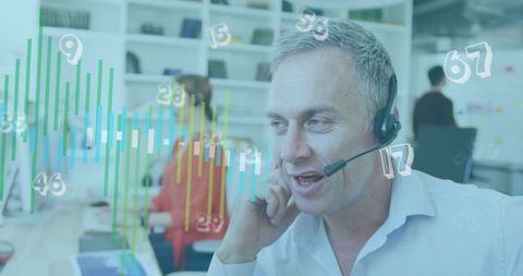 Call Center Agent Analyzing Data with Graphics Overlay - Download Free Stock Images Pikwizard.com