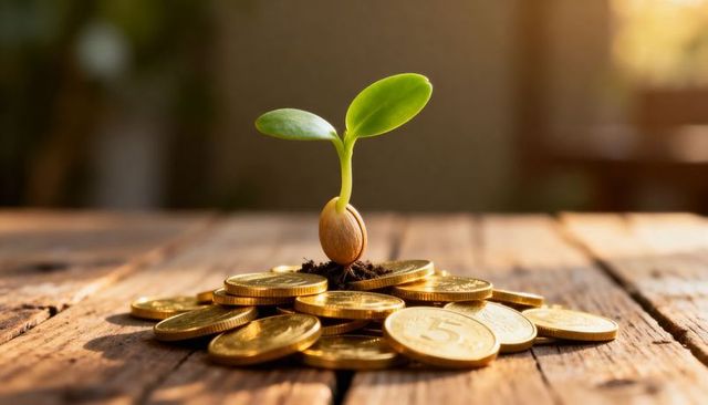 Green seedling sprouting from seed on pile of gold coins symbolizing investment growth