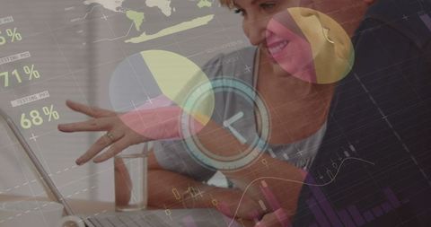 Business Team Analyzing Data with Overlay of Digital Statistics