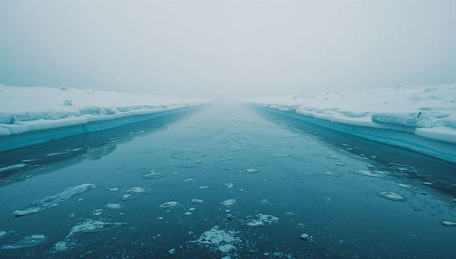 Icy canal extends into foggy horizon with floating ice and snow embankments