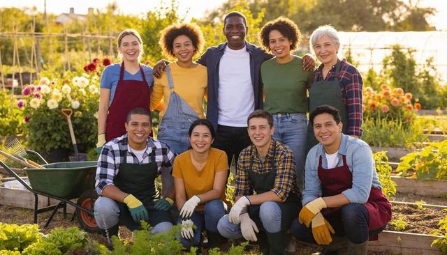 Diverse community garden volunteers kneeling at raised beds, smiling in golden sunlight