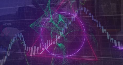 Futuristic Data Visuals with Neon Tech and Candlestick Charts