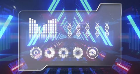 Futuristic Digital Interface with DNA and Sound Visualization