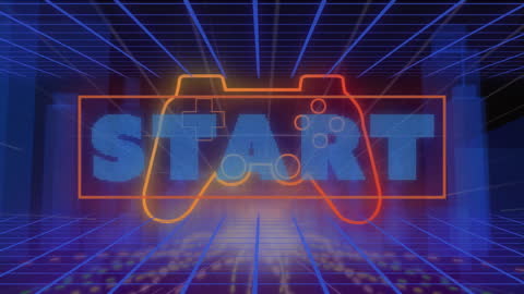 Retro Neon Gamepad in Futuristic Digital Cityscape