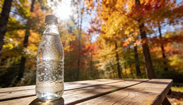 Backlit Bottled Water with Dewy Condensation on Wooden Picnic Table in Autumn Forest Sunlight