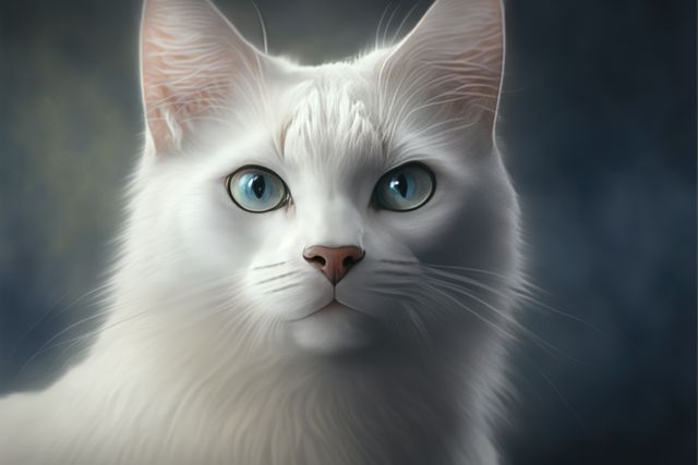 Close-up view of a white cat with captivating blue eyes. The detailed focus on the cat's fur and eyes makes this a perfect image for pet care blogs, veterinary services, print ads for pet products, or animal lovers' websites. The cat's serene and attentive expression adds a calming and peaceful vibe to any project.