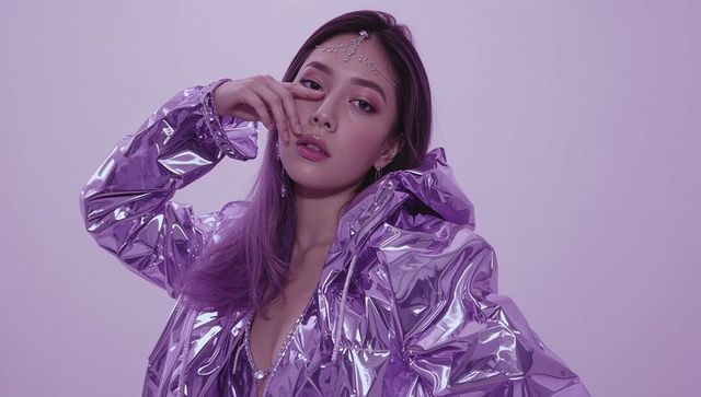 Glamorous Woman Posing in Shiny Purple Jacket Studio Fashion