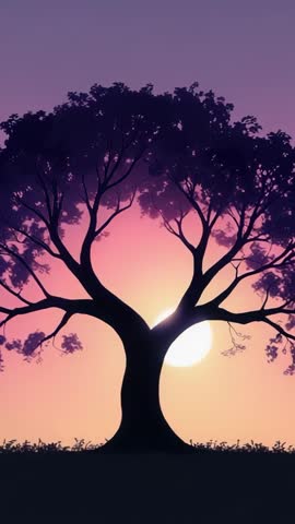 Vertical video showing sun disc sliding through tree silhouette over glowing dusk meadow